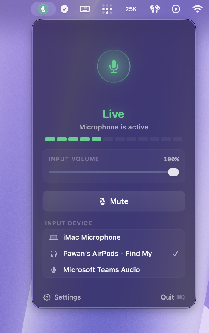 Mutify menu bar popover showing live mic indicator, input volume slider, mute button, and input device list